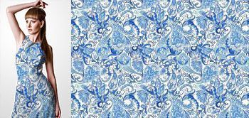 23020v Materiał ze wzorem malowany motyw paisley inspirowany sztuką orientu w odcieniach niebieskiego